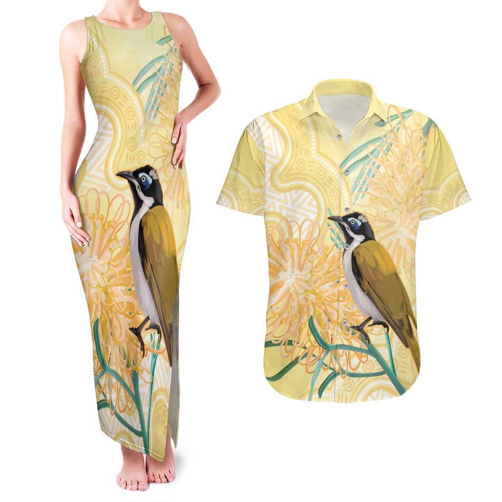 Australia Grevillea And Honeyeaters Couples Matching Tank Maxi Dress and Hawaiian Shirt Aboriginal Art - Watercolor Style
