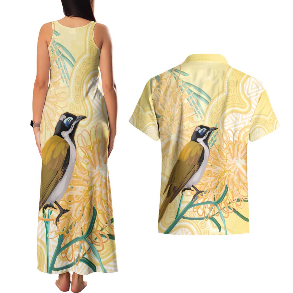 Australia Grevillea And Honeyeaters Couples Matching Tank Maxi Dress and Hawaiian Shirt Aboriginal Art - Watercolor Style