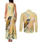 Australia Grevillea And Honeyeaters Couples Matching Tank Maxi Dress and Long Sleeve Button Shirt Aboriginal Art - Watercolor Style