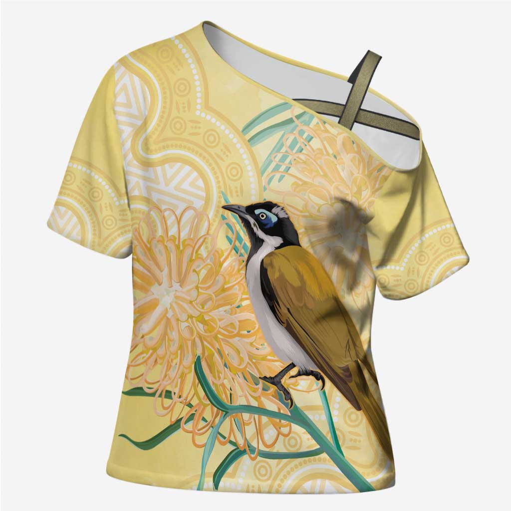 Australia Grevillea And Honeyeaters Cross Shoulder Shirt Aboriginal Art - Watercolor Style - Aussie Hoodie