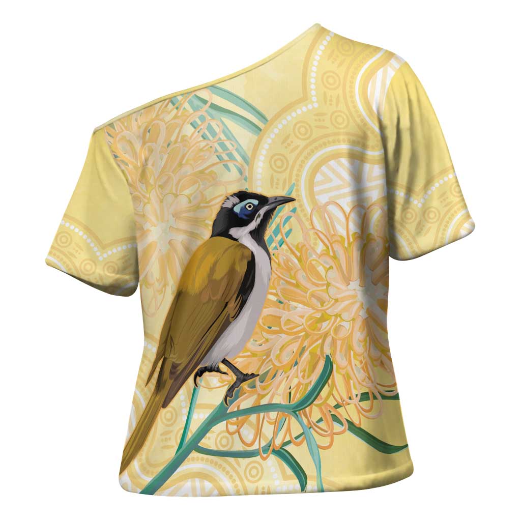 Australia Grevillea And Honeyeaters Cross Shoulder Shirt Aboriginal Art - Watercolor Style - Aussie Hoodie