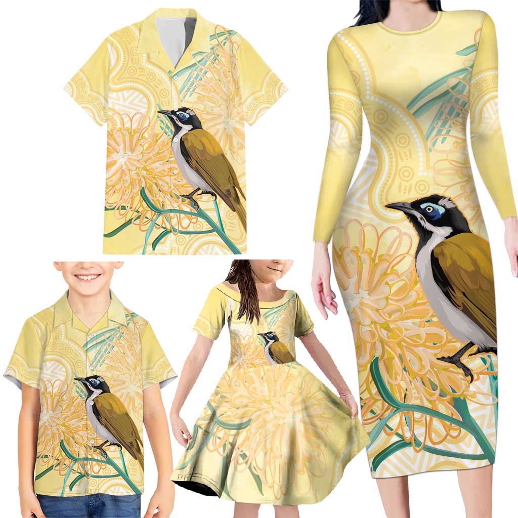 Australia Grevillea And Honeyeaters Family Matching Long Sleeve Bodycon Dress and Hawaiian Shirt Aboriginal Art - Watercolor Style