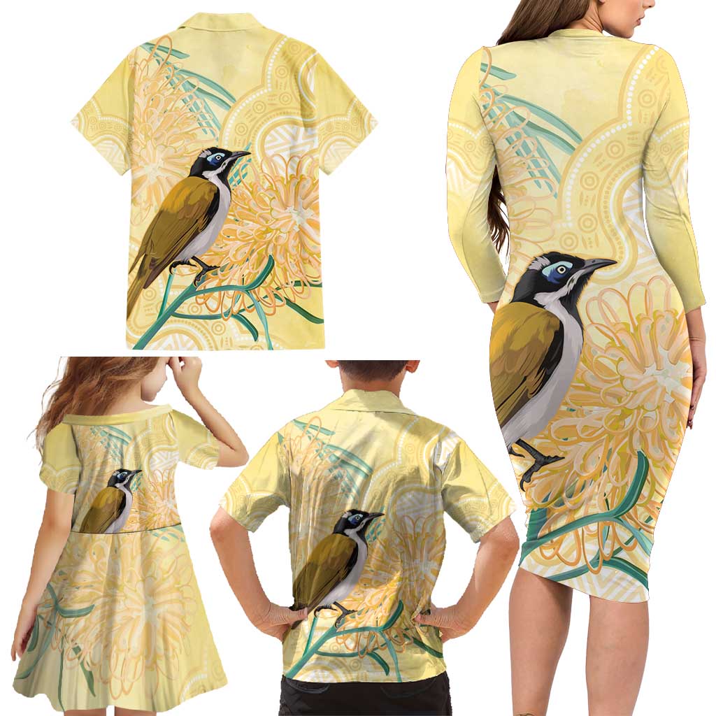 Australia Grevillea And Honeyeaters Family Matching Long Sleeve Bodycon Dress and Hawaiian Shirt Aboriginal Art - Watercolor Style
