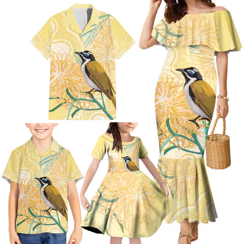 Australia Grevillea And Honeyeaters Family Matching Mermaid Dress and Hawaiian Shirt Aboriginal Art - Watercolor Style