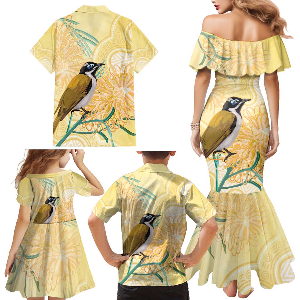Australia Grevillea And Honeyeaters Family Matching Mermaid Dress and Hawaiian Shirt Aboriginal Art - Watercolor Style