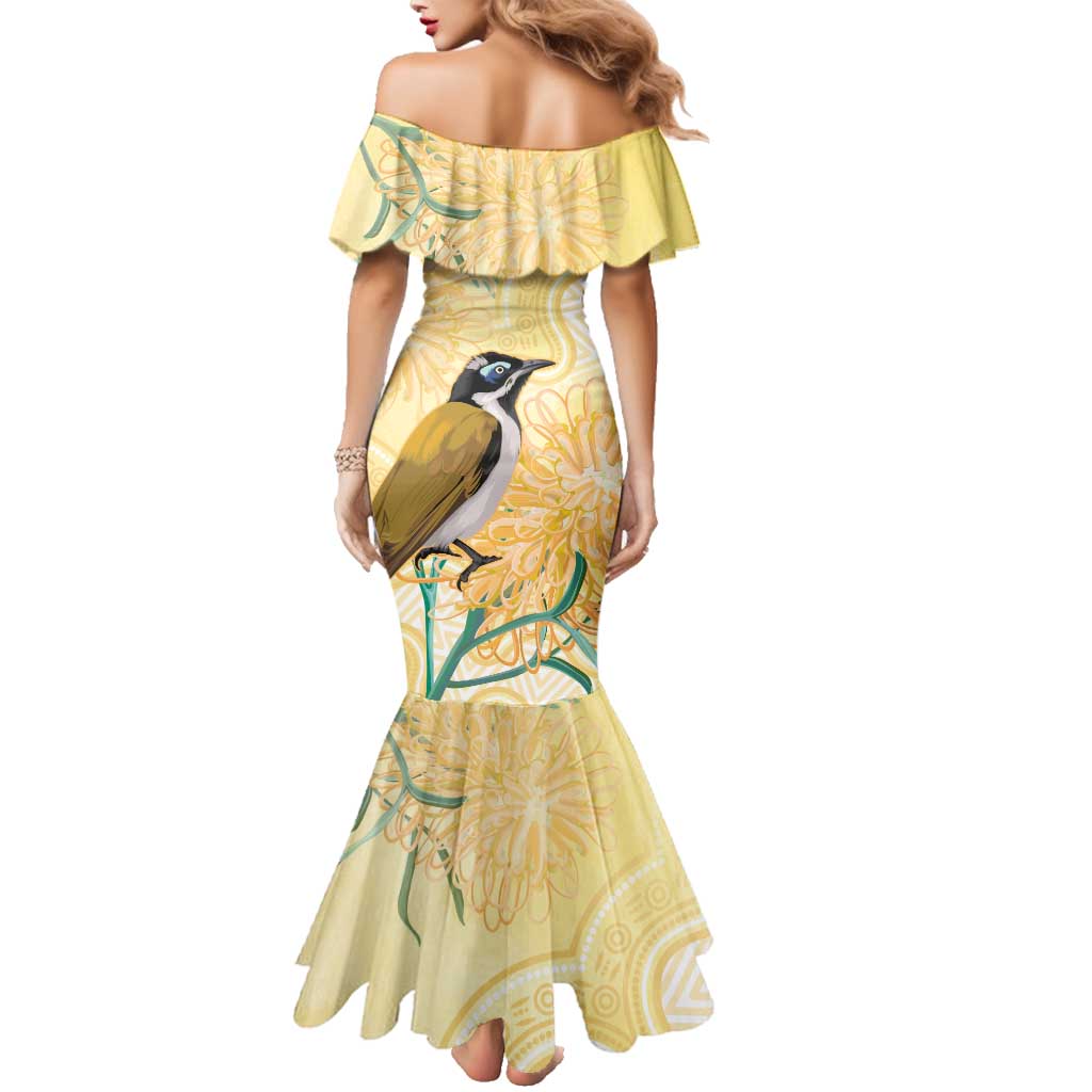 Australia Grevillea And Honeyeaters Family Matching Mermaid Dress and Hawaiian Shirt Aboriginal Art - Watercolor Style