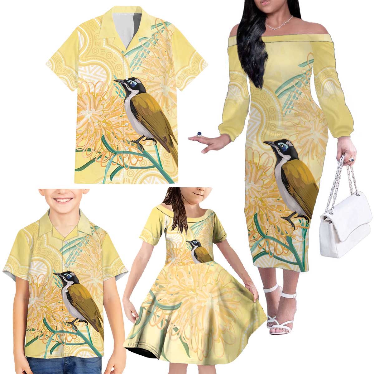 Australia Grevillea And Honeyeaters Family Matching Off The Shoulder Long Sleeve Dress and Hawaiian Shirt Aboriginal Art - Watercolor Style
