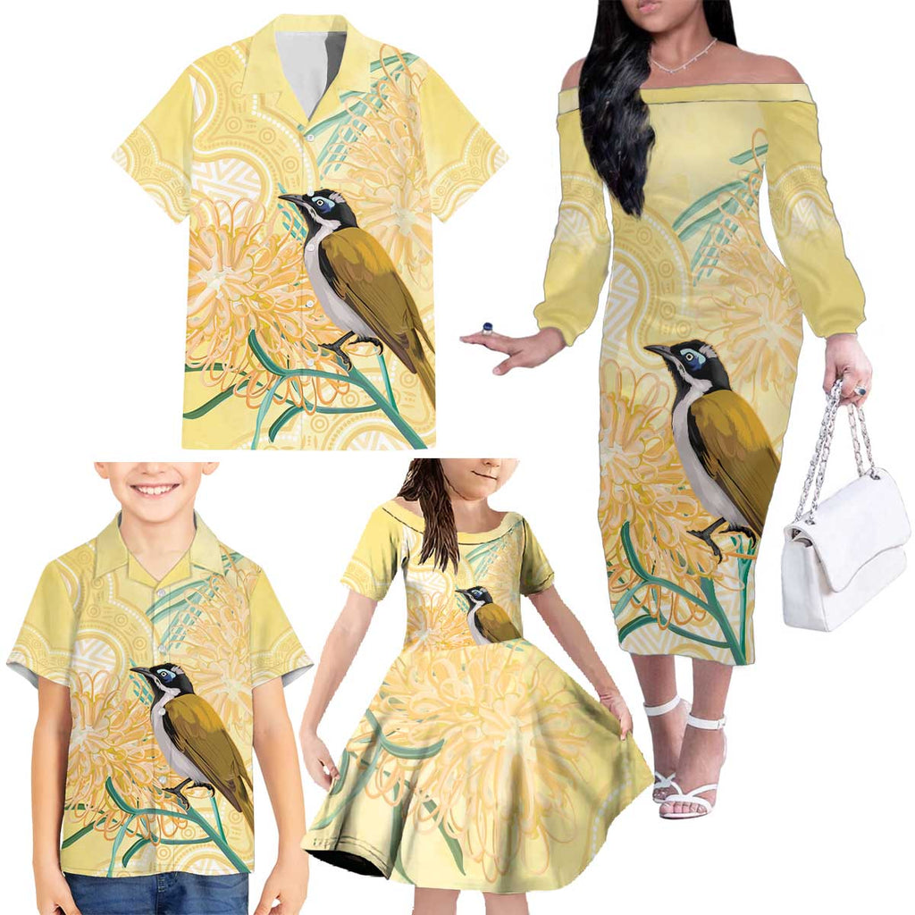 Australia Grevillea And Honeyeaters Family Matching Off The Shoulder Long Sleeve Dress and Hawaiian Shirt Aboriginal Art - Watercolor Style
