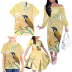 Australia Grevillea And Honeyeaters Family Matching Off The Shoulder Long Sleeve Dress and Hawaiian Shirt Aboriginal Art - Watercolor Style