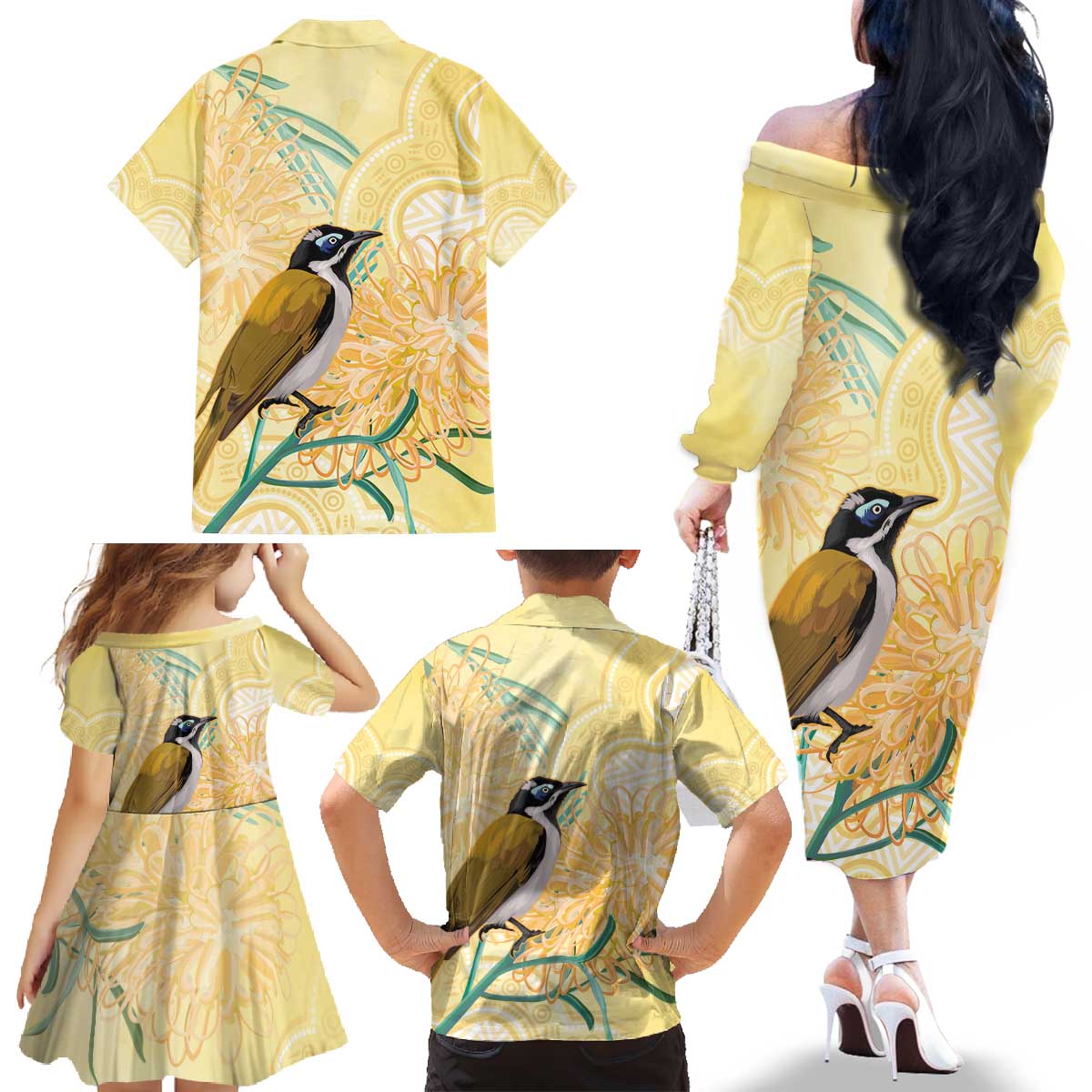 Australia Grevillea And Honeyeaters Family Matching Off The Shoulder Long Sleeve Dress and Hawaiian Shirt Aboriginal Art - Watercolor Style