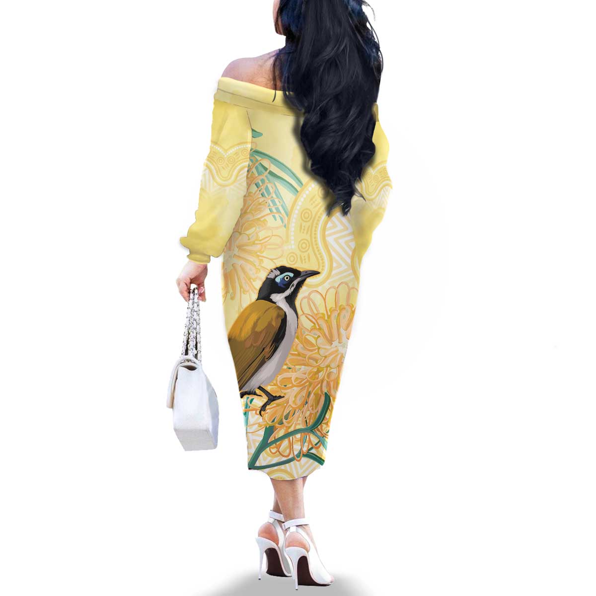 Australia Grevillea And Honeyeaters Family Matching Off The Shoulder Long Sleeve Dress and Hawaiian Shirt Aboriginal Art - Watercolor Style