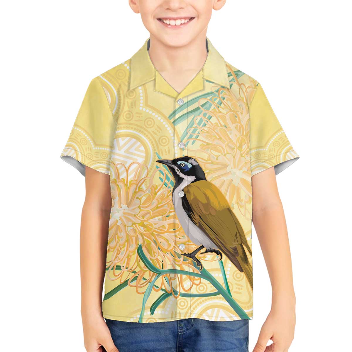 Australia Grevillea And Honeyeaters Family Matching Off The Shoulder Long Sleeve Dress and Hawaiian Shirt Aboriginal Art - Watercolor Style