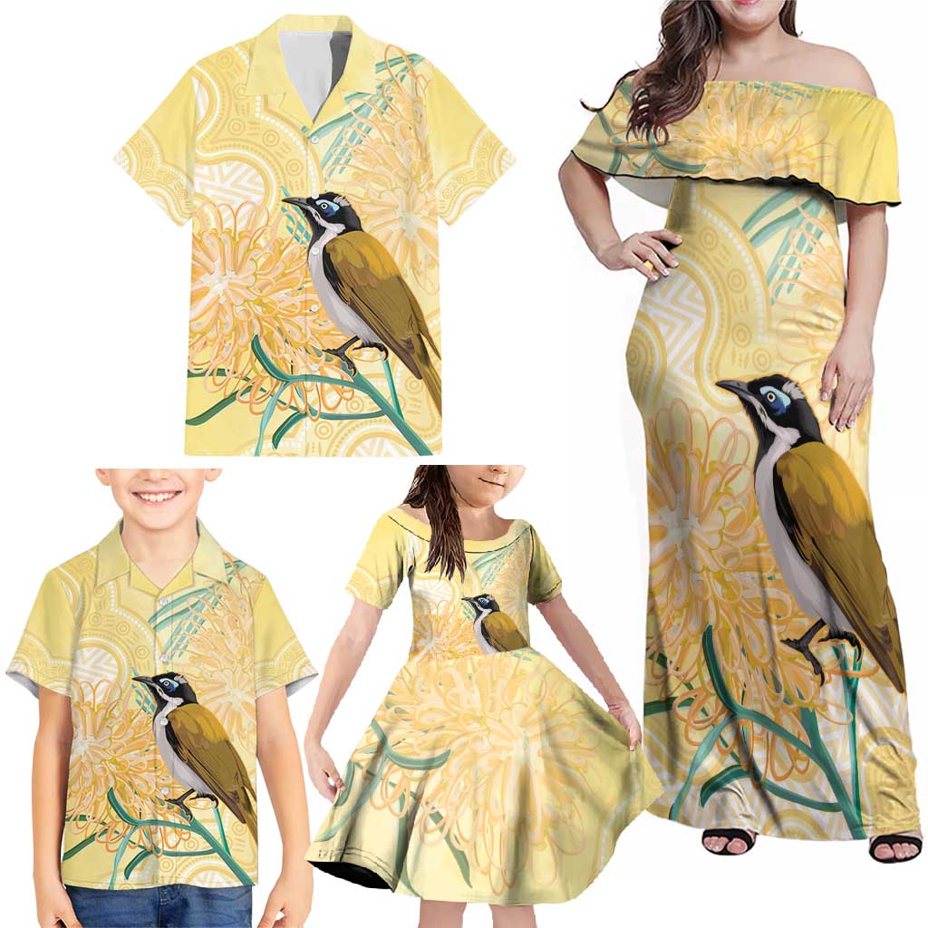 Australia Grevillea And Honeyeaters Family Matching Off Shoulder Maxi Dress and Hawaiian Shirt Aboriginal Art - Watercolor Style