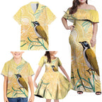 Australia Grevillea And Honeyeaters Family Matching Off Shoulder Maxi Dress and Hawaiian Shirt Aboriginal Art - Watercolor Style