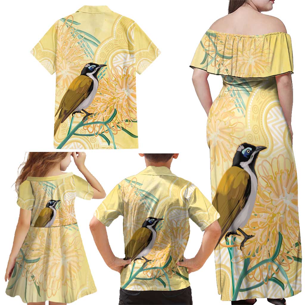 Australia Grevillea And Honeyeaters Family Matching Off Shoulder Maxi Dress and Hawaiian Shirt Aboriginal Art - Watercolor Style