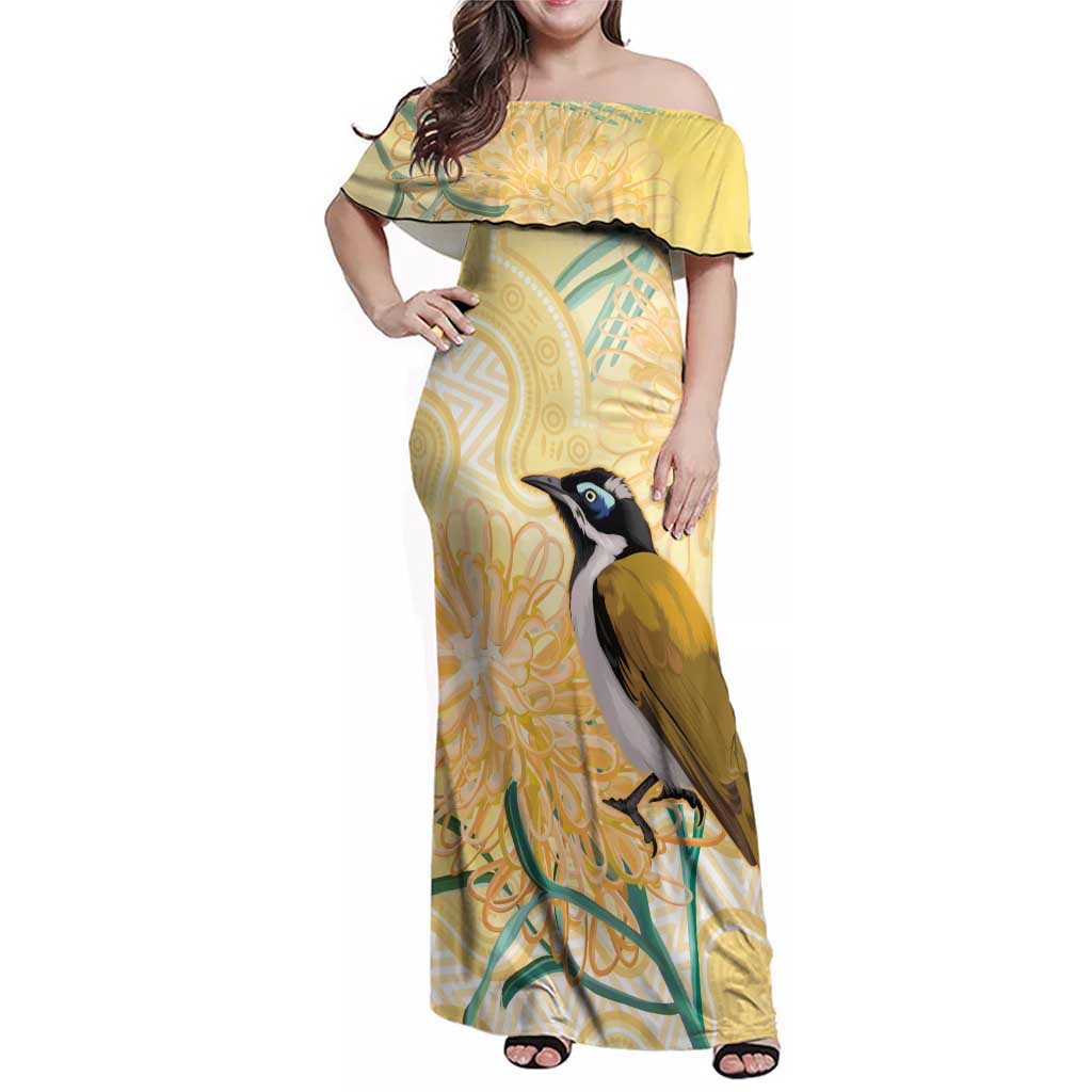 Australia Grevillea And Honeyeaters Family Matching Off Shoulder Maxi Dress and Hawaiian Shirt Aboriginal Art - Watercolor Style