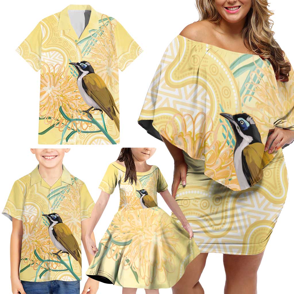 Australia Grevillea And Honeyeaters Family Matching Off Shoulder Short Dress and Hawaiian Shirt Aboriginal Art - Watercolor Style