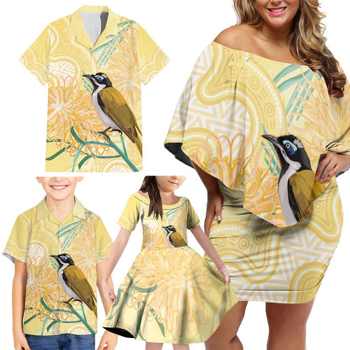 Australia Grevillea And Honeyeaters Family Matching Off Shoulder Short Dress and Hawaiian Shirt Aboriginal Art - Watercolor Style
