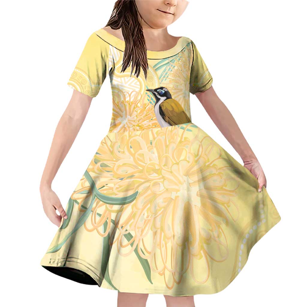 Australia Grevillea And Honeyeaters Family Matching Off Shoulder Short Dress and Hawaiian Shirt Aboriginal Art - Watercolor Style