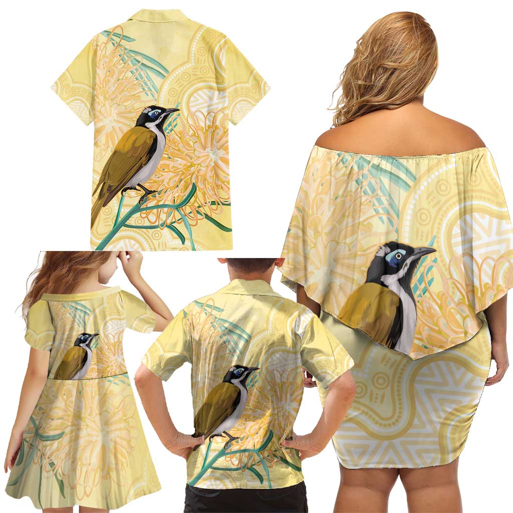 Australia Grevillea And Honeyeaters Family Matching Off Shoulder Short Dress and Hawaiian Shirt Aboriginal Art - Watercolor Style
