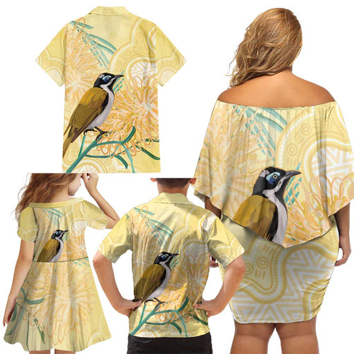 Australia Grevillea And Honeyeaters Family Matching Off Shoulder Short Dress and Hawaiian Shirt Aboriginal Art - Watercolor Style