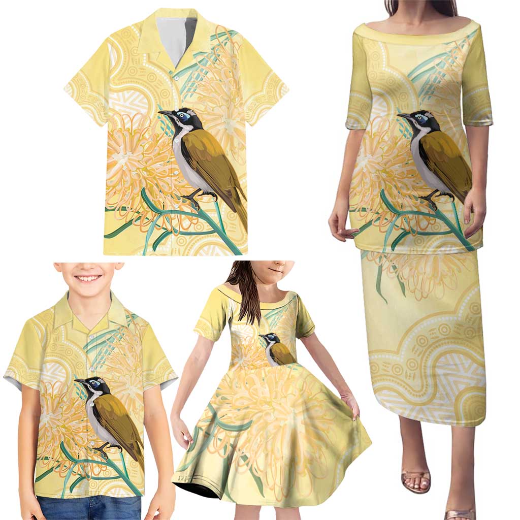 Australia Grevillea And Honeyeaters Family Matching Puletasi and Hawaiian Shirt Aboriginal Art - Watercolor Style