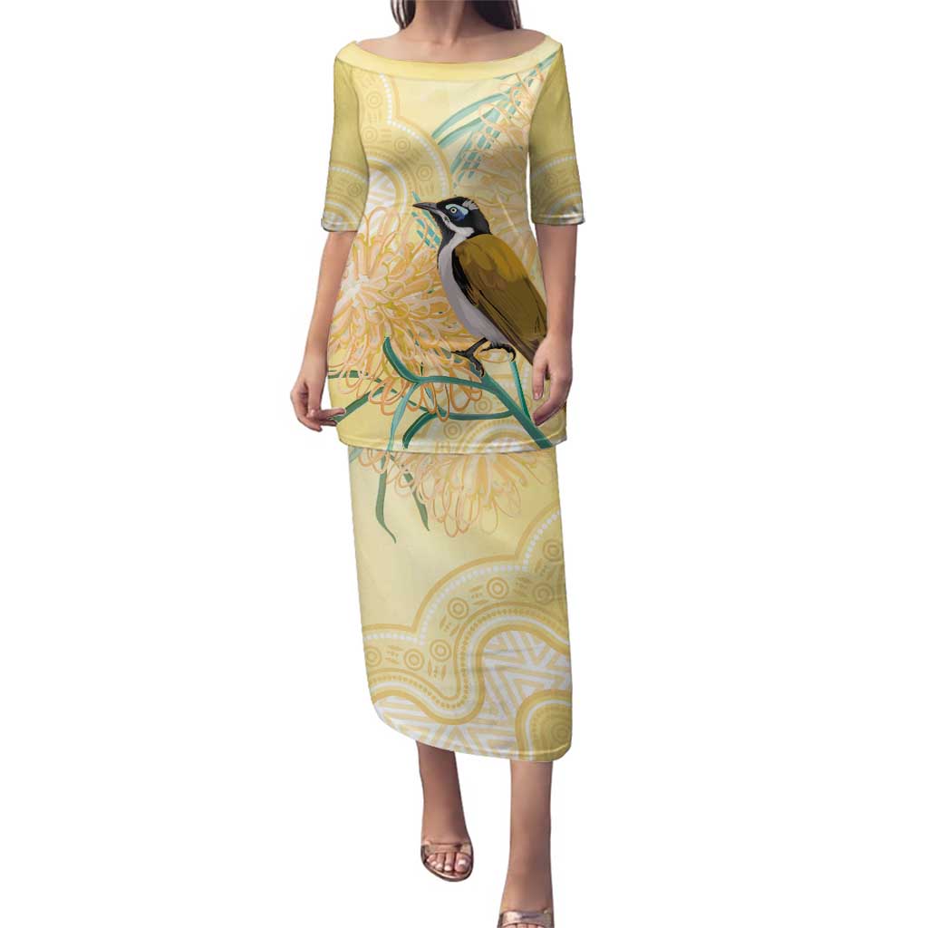 Australia Grevillea And Honeyeaters Family Matching Puletasi and Hawaiian Shirt Aboriginal Art - Watercolor Style