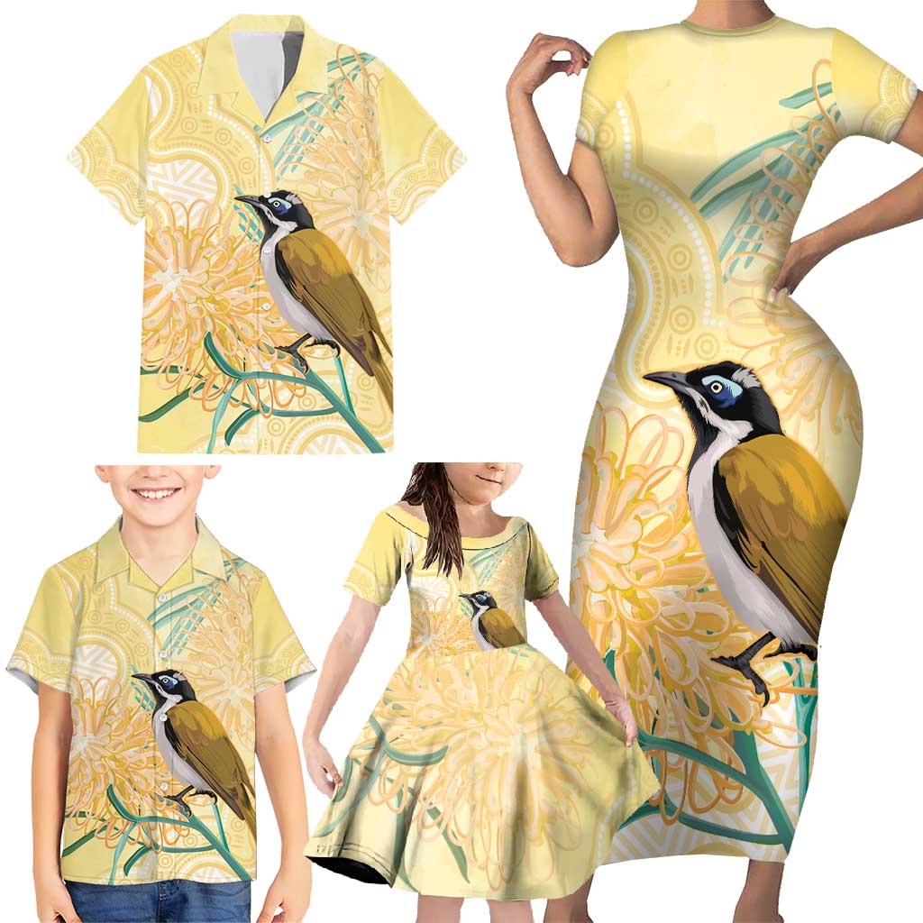 Australia Grevillea And Honeyeaters Family Matching Short Sleeve Bodycon Dress and Hawaiian Shirt Aboriginal Art - Watercolor Style