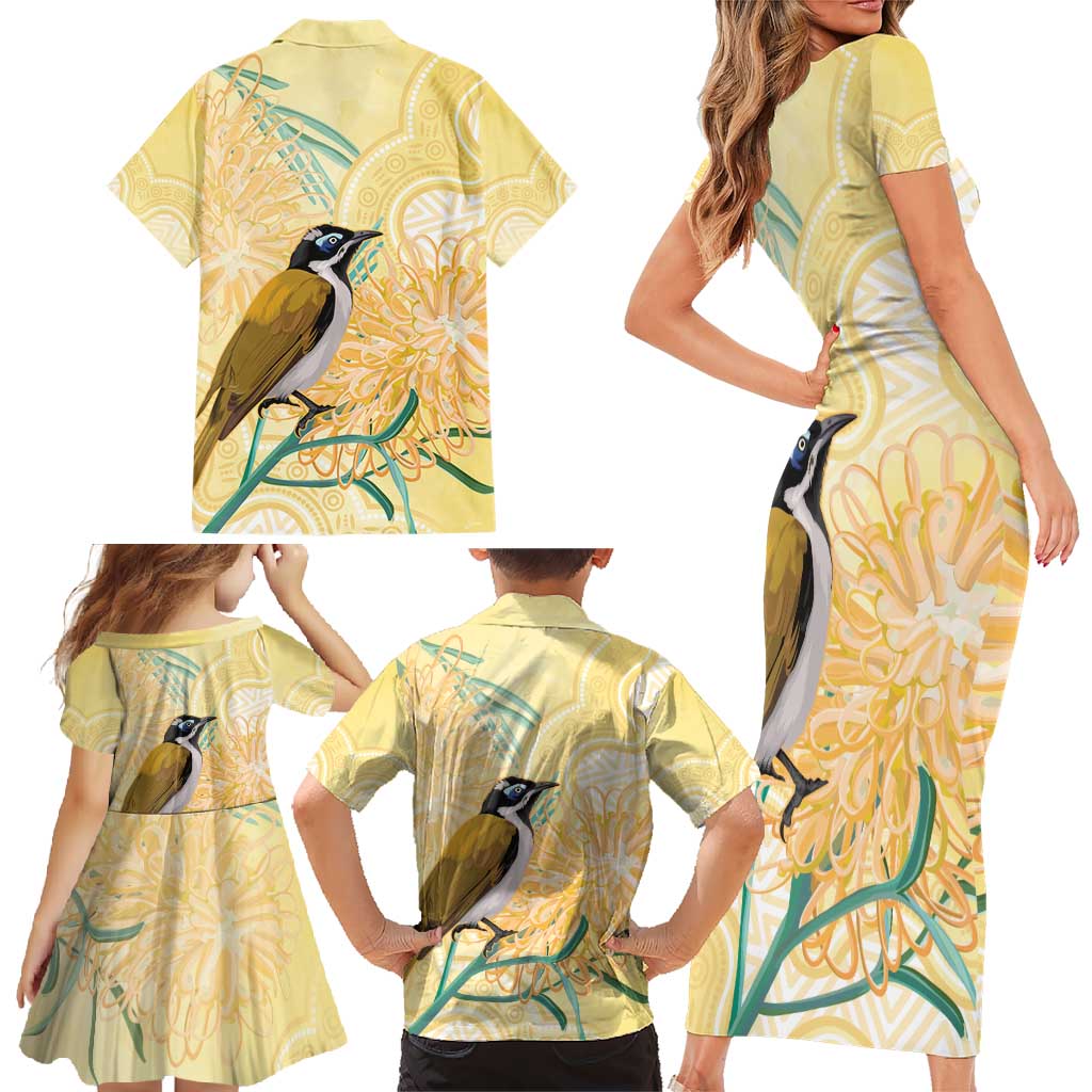 Australia Grevillea And Honeyeaters Family Matching Short Sleeve Bodycon Dress and Hawaiian Shirt Aboriginal Art - Watercolor Style
