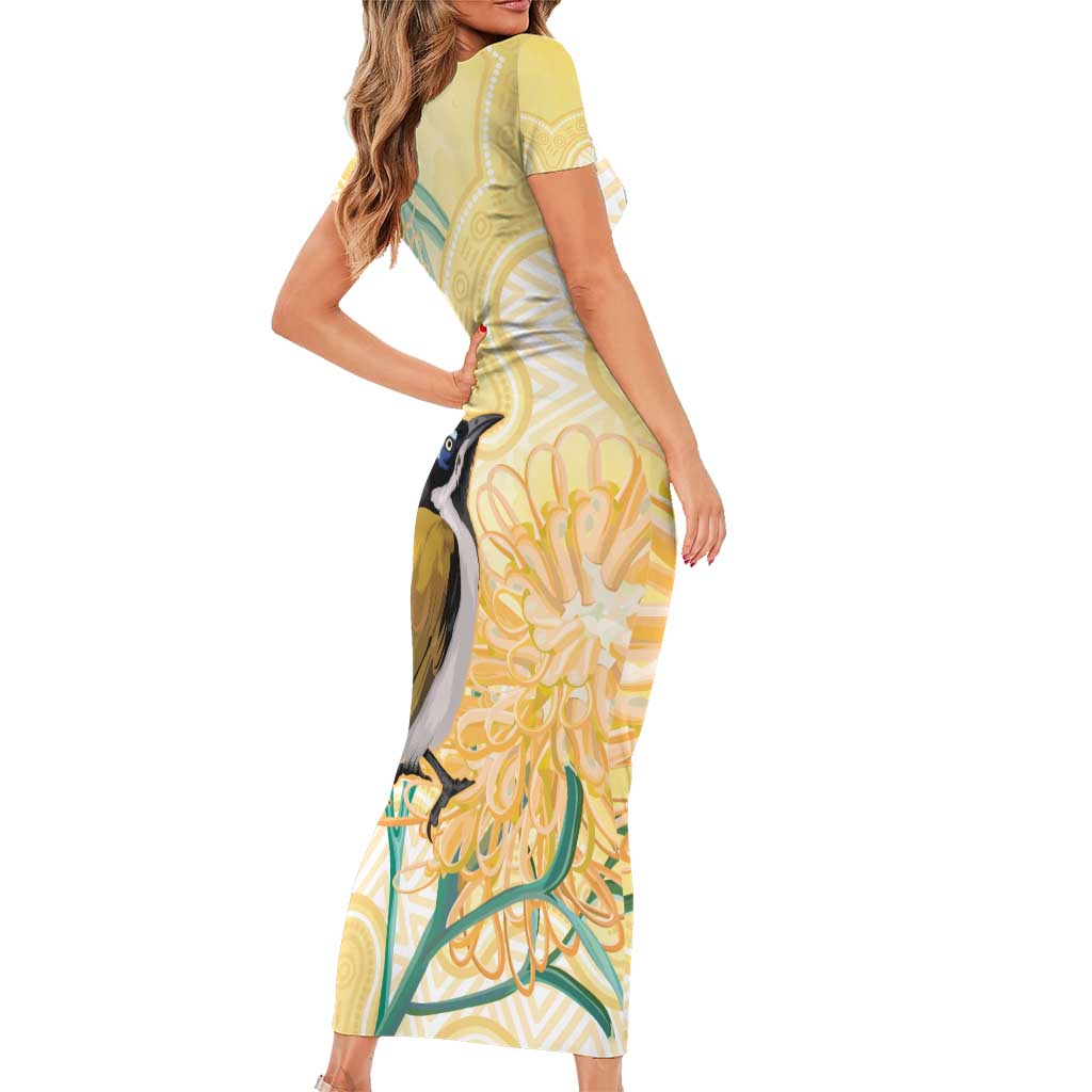Australia Grevillea And Honeyeaters Family Matching Short Sleeve Bodycon Dress and Hawaiian Shirt Aboriginal Art - Watercolor Style