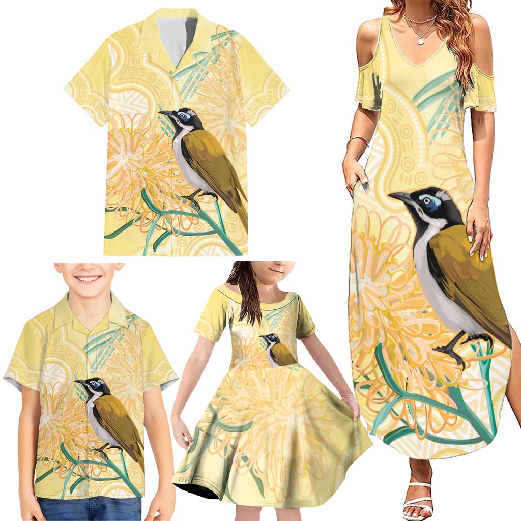 Australia Grevillea And Honeyeaters Family Matching Summer Maxi Dress and Hawaiian Shirt Aboriginal Art - Watercolor Style