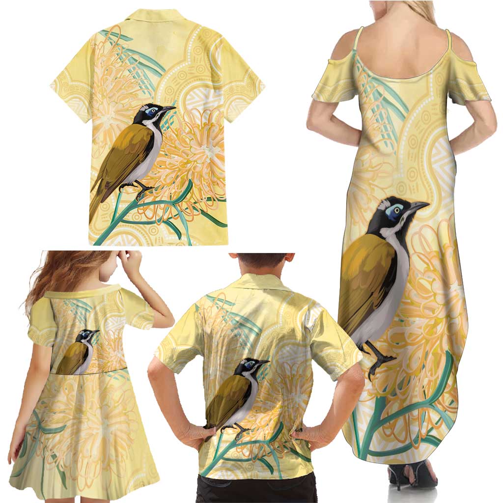 Australia Grevillea And Honeyeaters Family Matching Summer Maxi Dress and Hawaiian Shirt Aboriginal Art - Watercolor Style
