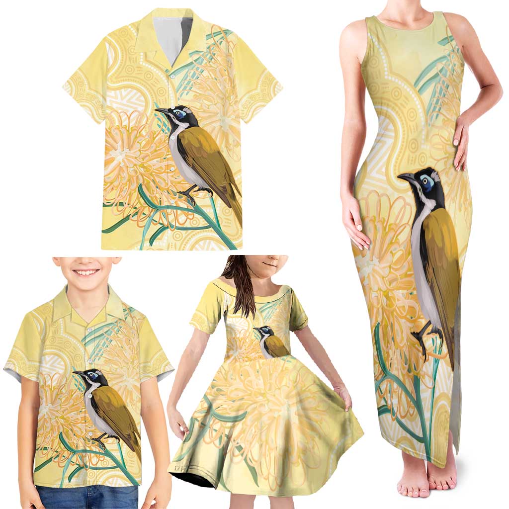 Australia Grevillea And Honeyeaters Family Matching Tank Maxi Dress and Hawaiian Shirt Aboriginal Art - Watercolor Style