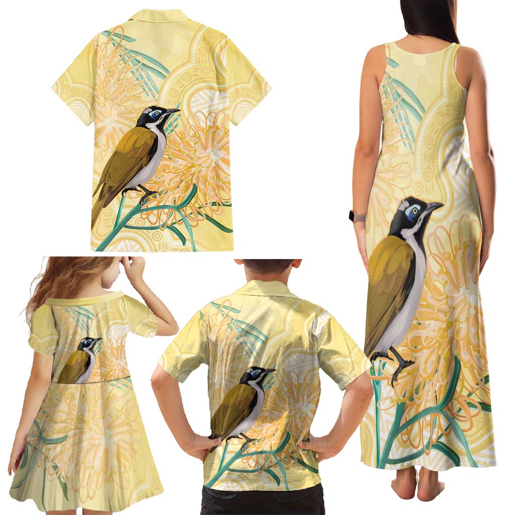 Australia Grevillea And Honeyeaters Family Matching Tank Maxi Dress and Hawaiian Shirt Aboriginal Art - Watercolor Style