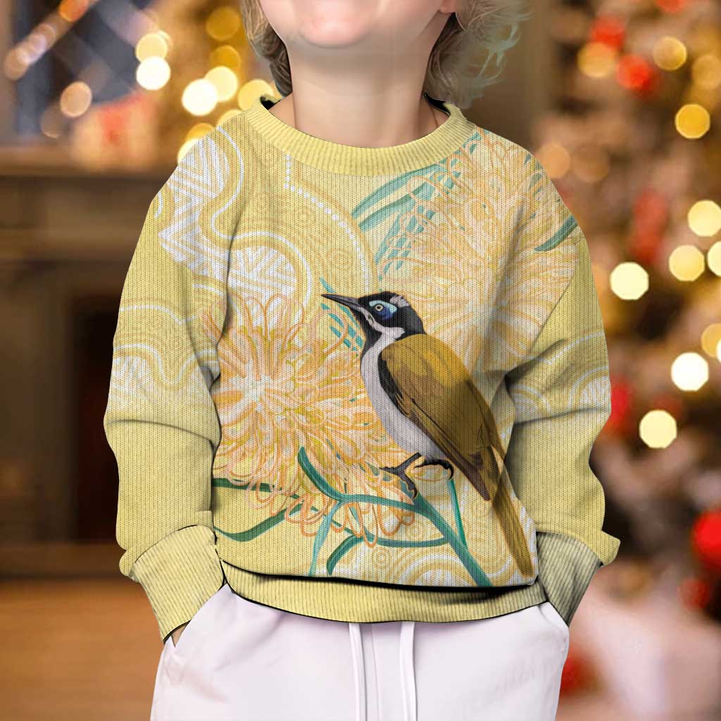 Australia Grevillea And Honeyeaters Kid Ugly Christmas Sweater Aboriginal Art - Watercolor Style