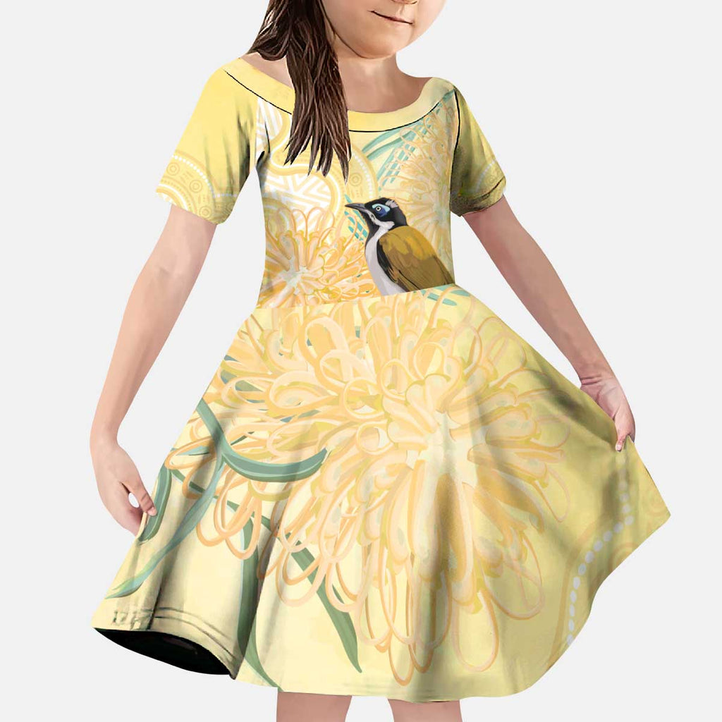 Australia Grevillea And Honeyeaters Kid Short Sleeve Dress Aboriginal Art - Watercolor Style