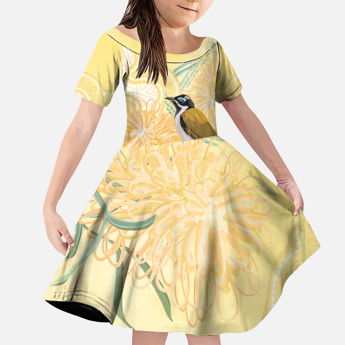 Australia Grevillea And Honeyeaters Kid Short Sleeve Dress Aboriginal Art - Watercolor Style