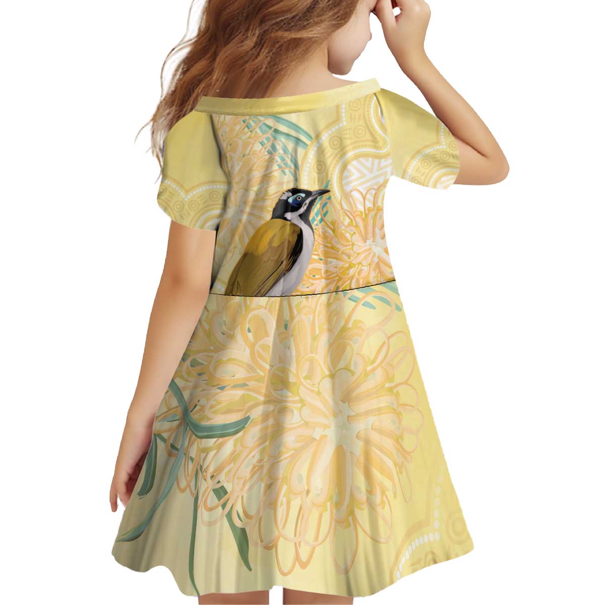 Australia Grevillea And Honeyeaters Kid Short Sleeve Dress Aboriginal Art - Watercolor Style
