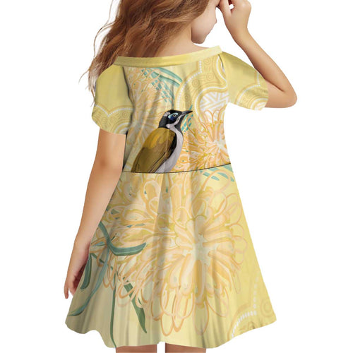 Australia Grevillea And Honeyeaters Kid Short Sleeve Dress Aboriginal Art - Watercolor Style