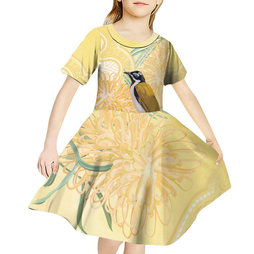 Australia Grevillea And Honeyeaters Kid Short Sleeve Dress Aboriginal Art - Watercolor Style
