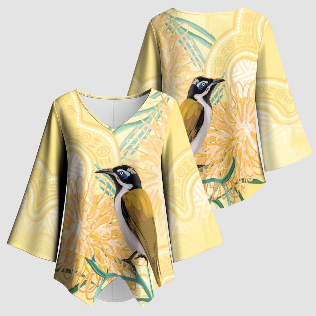 Australia Grevillea And Honeyeaters Kimono Sleeve Blouse Aboriginal Art - Watercolor Style - Aussie Hoodie