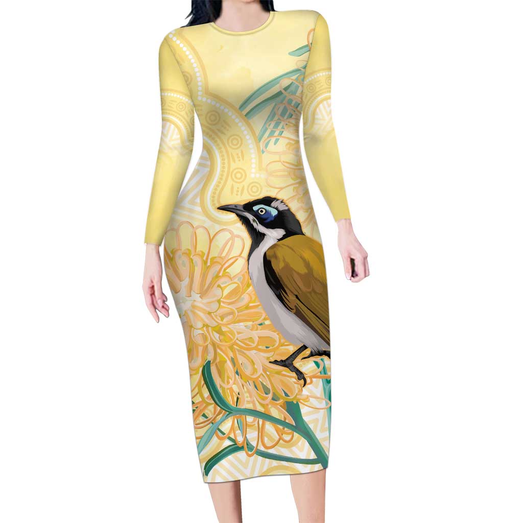 Australia Grevillea And Honeyeaters Long Sleeve Bodycon Dress Aboriginal Art - Watercolor Style