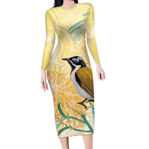 Australia Grevillea And Honeyeaters Long Sleeve Bodycon Dress Aboriginal Art - Watercolor Style