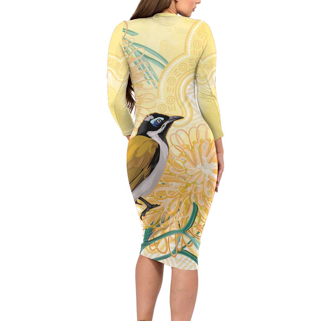Australia Grevillea And Honeyeaters Long Sleeve Bodycon Dress Aboriginal Art - Watercolor Style