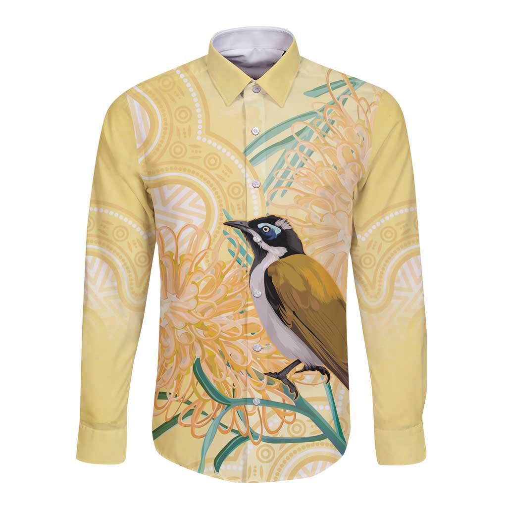 Australia Grevillea And Honeyeaters Long Sleeve Button Shirt Aboriginal Art - Watercolor Style