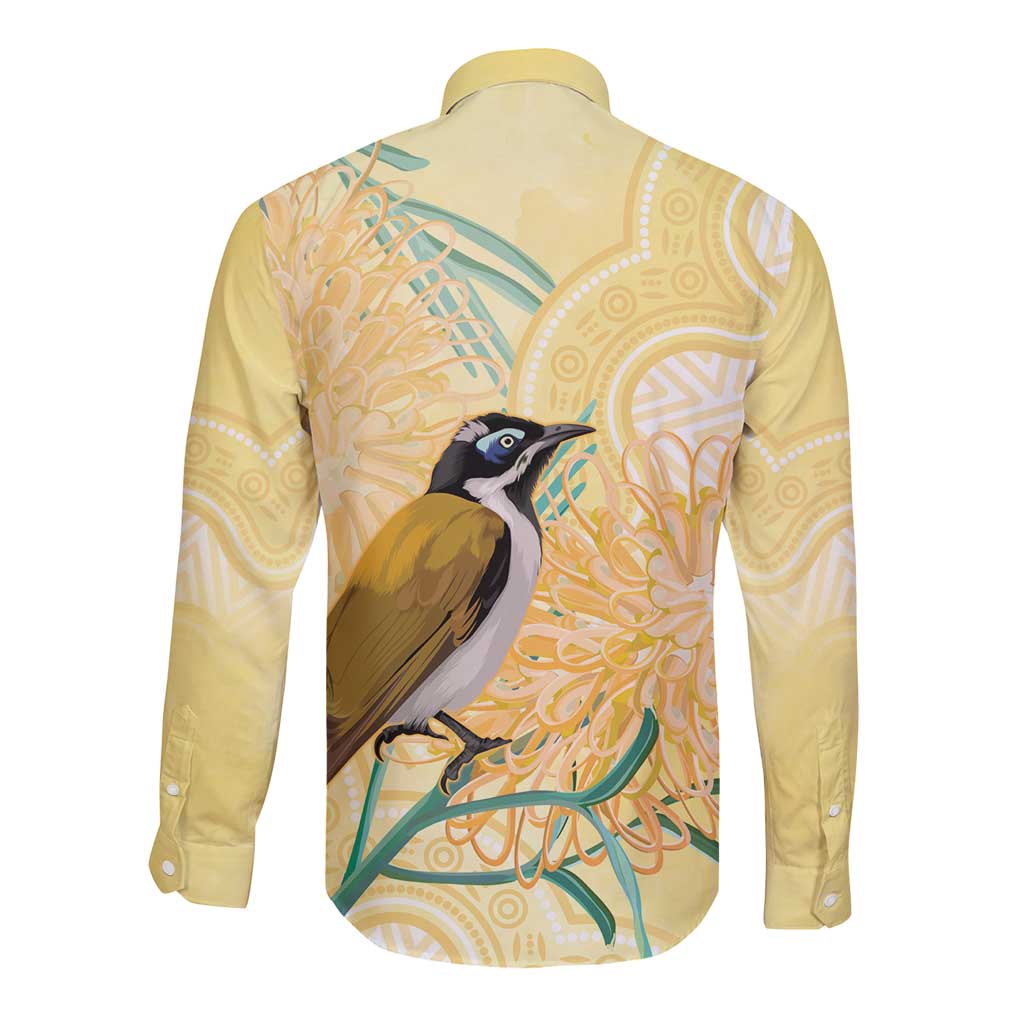 Australia Grevillea And Honeyeaters Long Sleeve Button Shirt Aboriginal Art - Watercolor Style