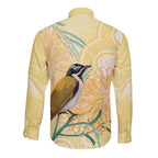 Australia Grevillea And Honeyeaters Long Sleeve Button Shirt Aboriginal Art - Watercolor Style