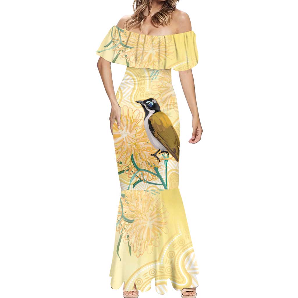 Australia Grevillea And Honeyeaters Mermaid Dress Aboriginal Art - Watercolor Style