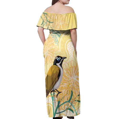 Australia Grevillea And Honeyeaters Off Shoulder Maxi Dress Aboriginal Art - Watercolor Style
