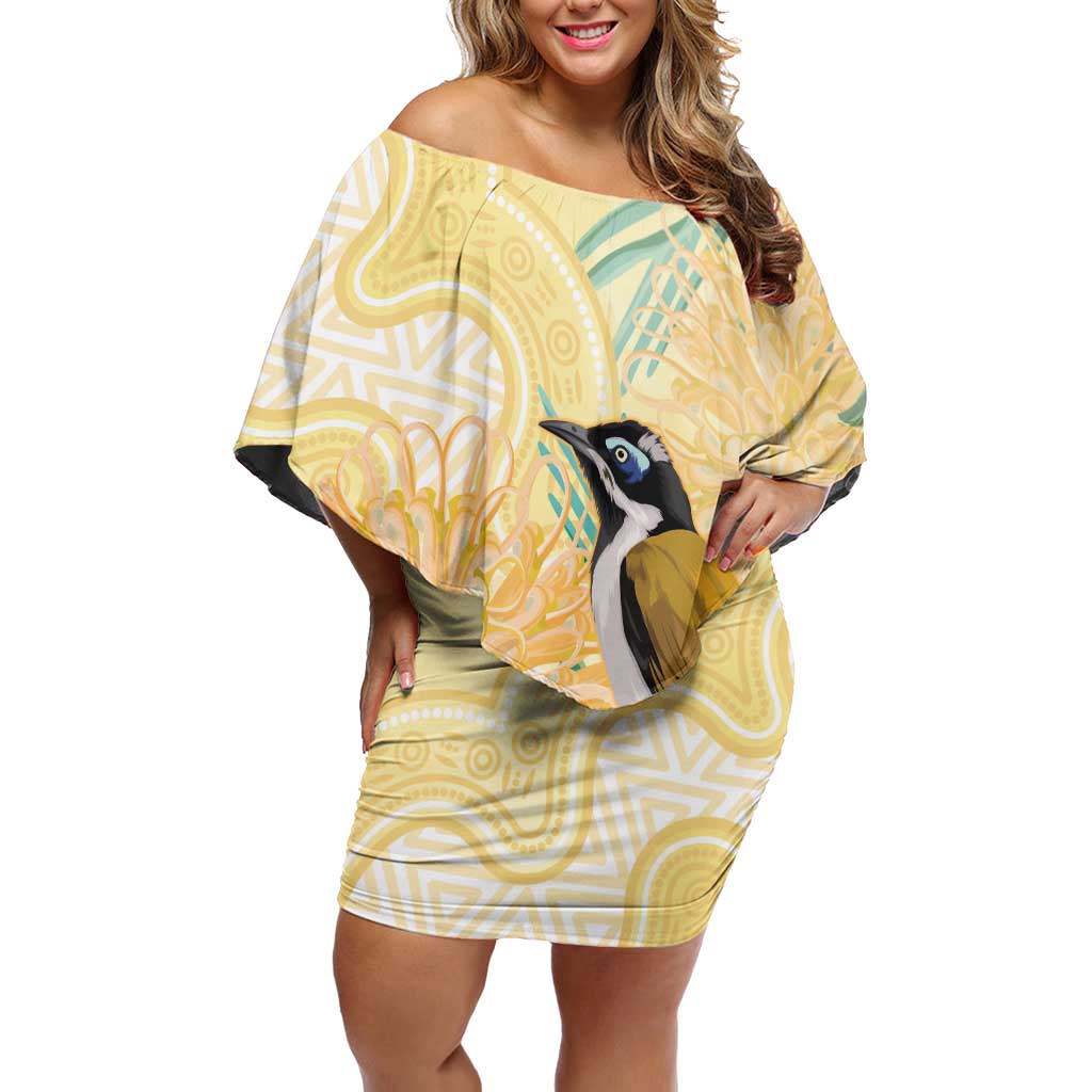 Australia Grevillea And Honeyeaters Off Shoulder Short Dress Aboriginal Art - Watercolor Style